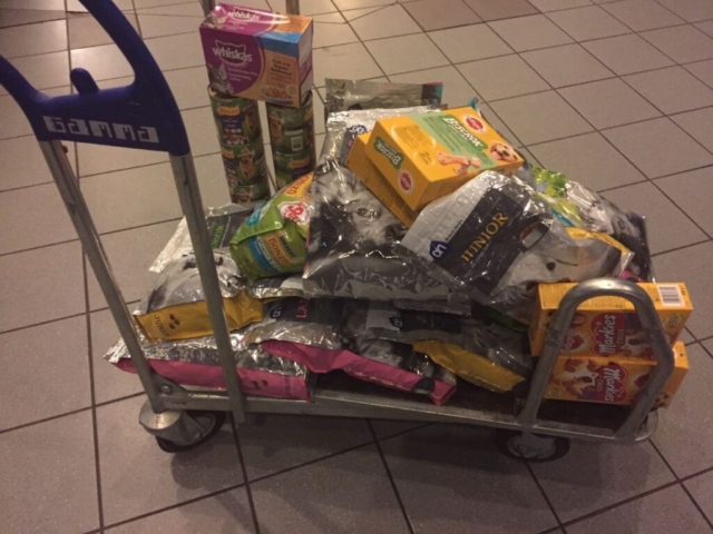 Een karretje vol met verschillende zakken en dozen met voer voor huisdieren is te zien op een betegelde vloer. Het voer voor huisdieren omvat merken als Whiskas en Bonzo, met verpakkingen met afbeeldingen van katten en honden. Het karretje, bedoeld voor donatie, heeft een blauwe handgreep met het label “Gamma. Een karretje vol met verschillende zakken en dozen met voer voor huisdieren is te zien op een betegelde vloer. Het voer voor huisdieren omvat merken als Whiskas en Bonzo, met verpakkingen met afbeeldingen van katten en honden. Het karretje, bedoeld voor donatie, heeft een blauwe handgreep met het label "Gamma.